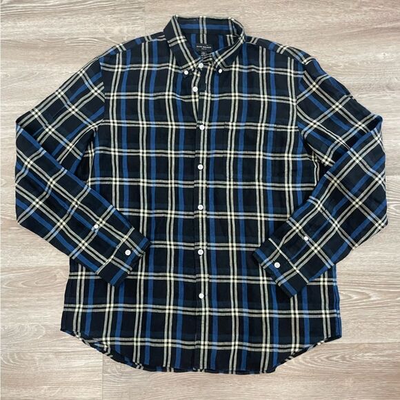 Club Monaco Navy Blue Plaid Button Up Linen Slim Fit Shirt XL - Picture 1 of 8